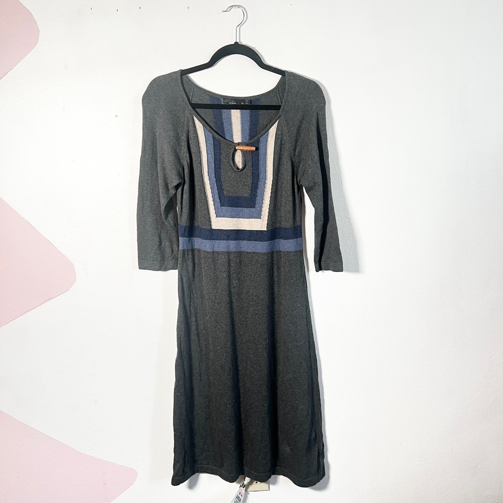 Prana Dress SZ Medium Yarrah Sweater Dress 100% Cotton Keyhole Toggle 3/4 Sleeve